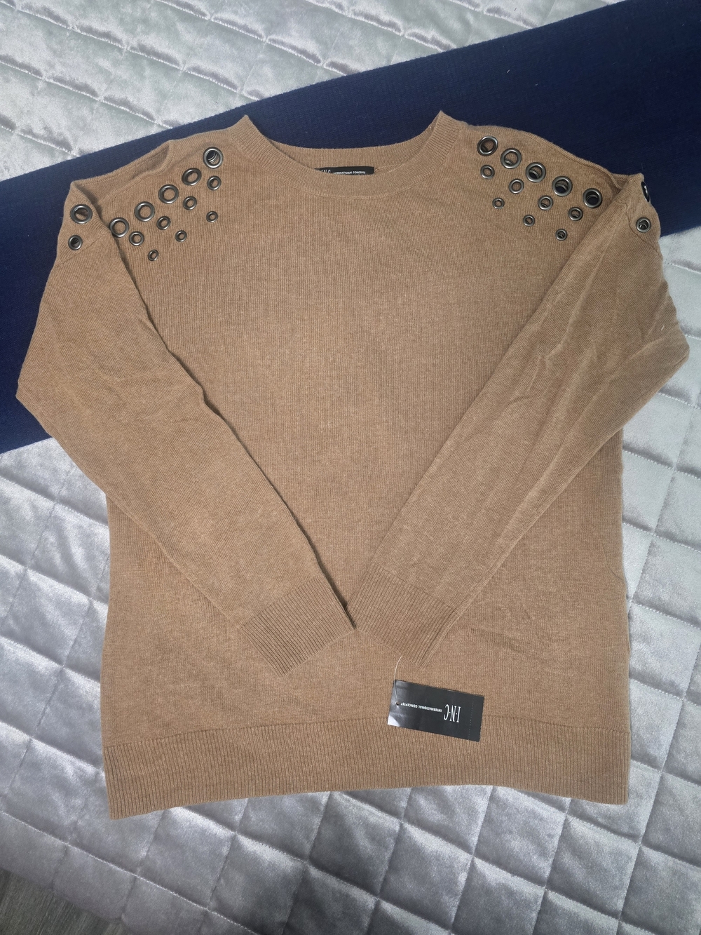 INC International Concepts Women's Camel Eyelet Shoulder Sweater